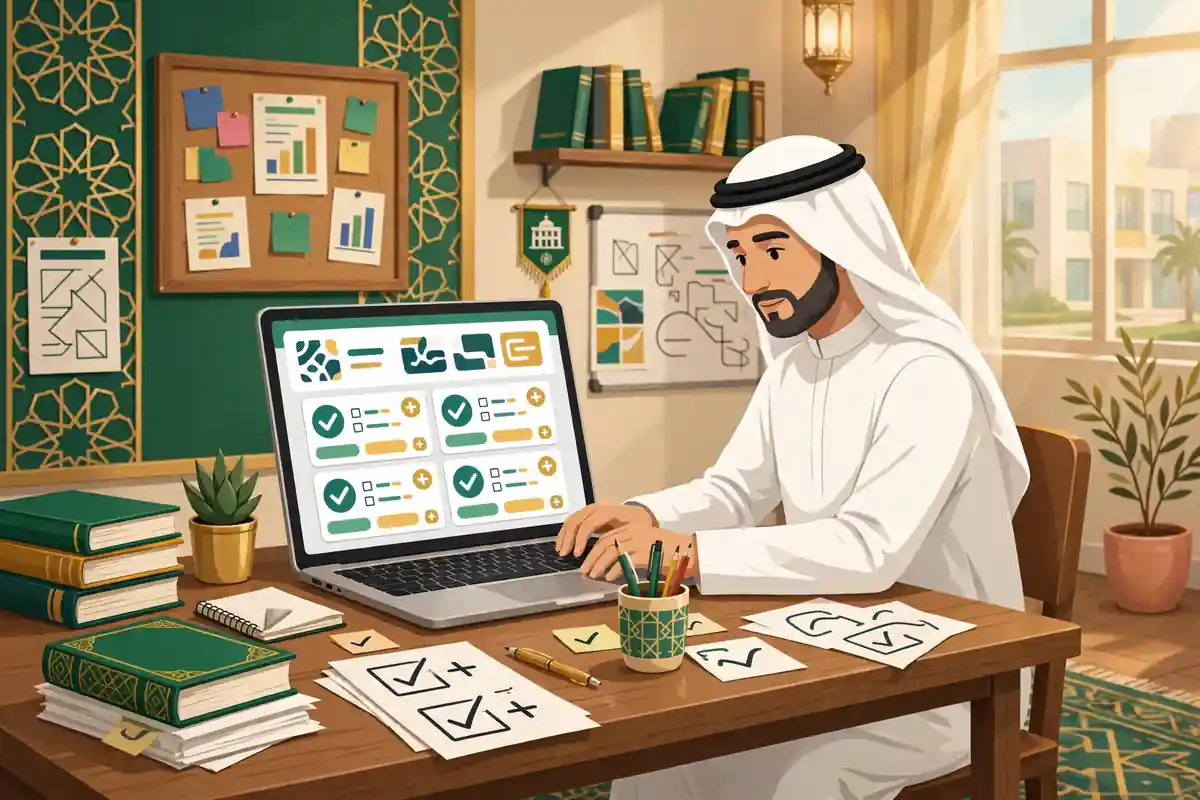 معلم يضيف أسئلة إلى بنك الأسئلة في منصة مدرستي عبر حاسوبه