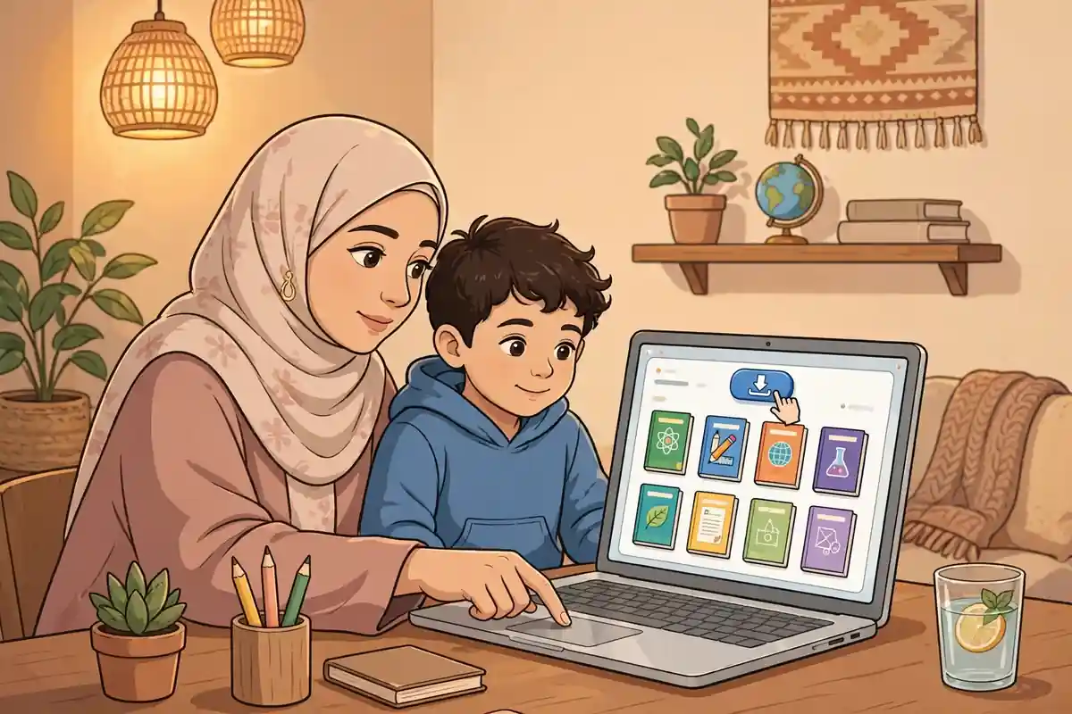 تحميل الكتب الدراسية 1448: أم وابنها يحمّلان الكتب من منصة مدرستي عبر اللابتوب