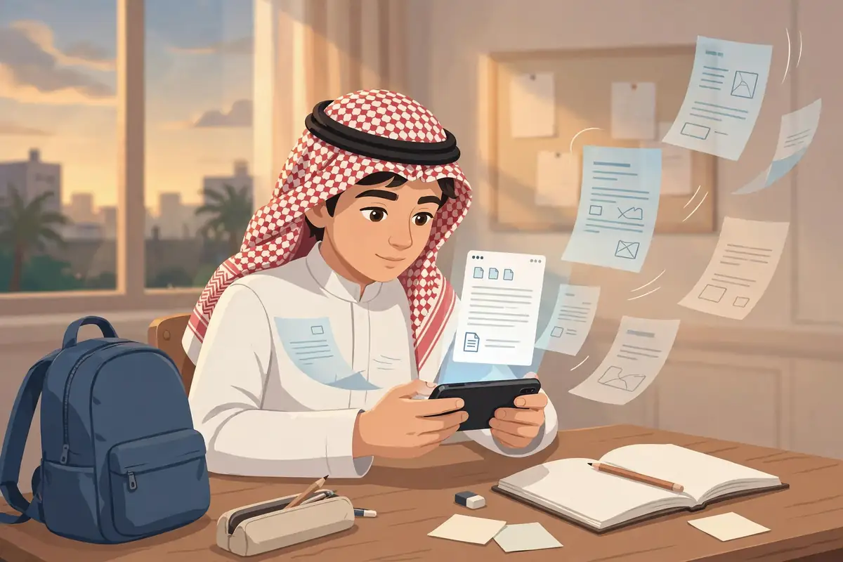 طالب يقرأ الكتاب المدرسي بصيغة PDF على الجوال