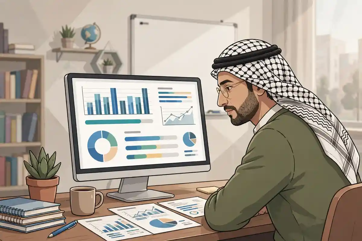 معلم يراجع نتائج ودرجات الطلاب في منصة مدرستي