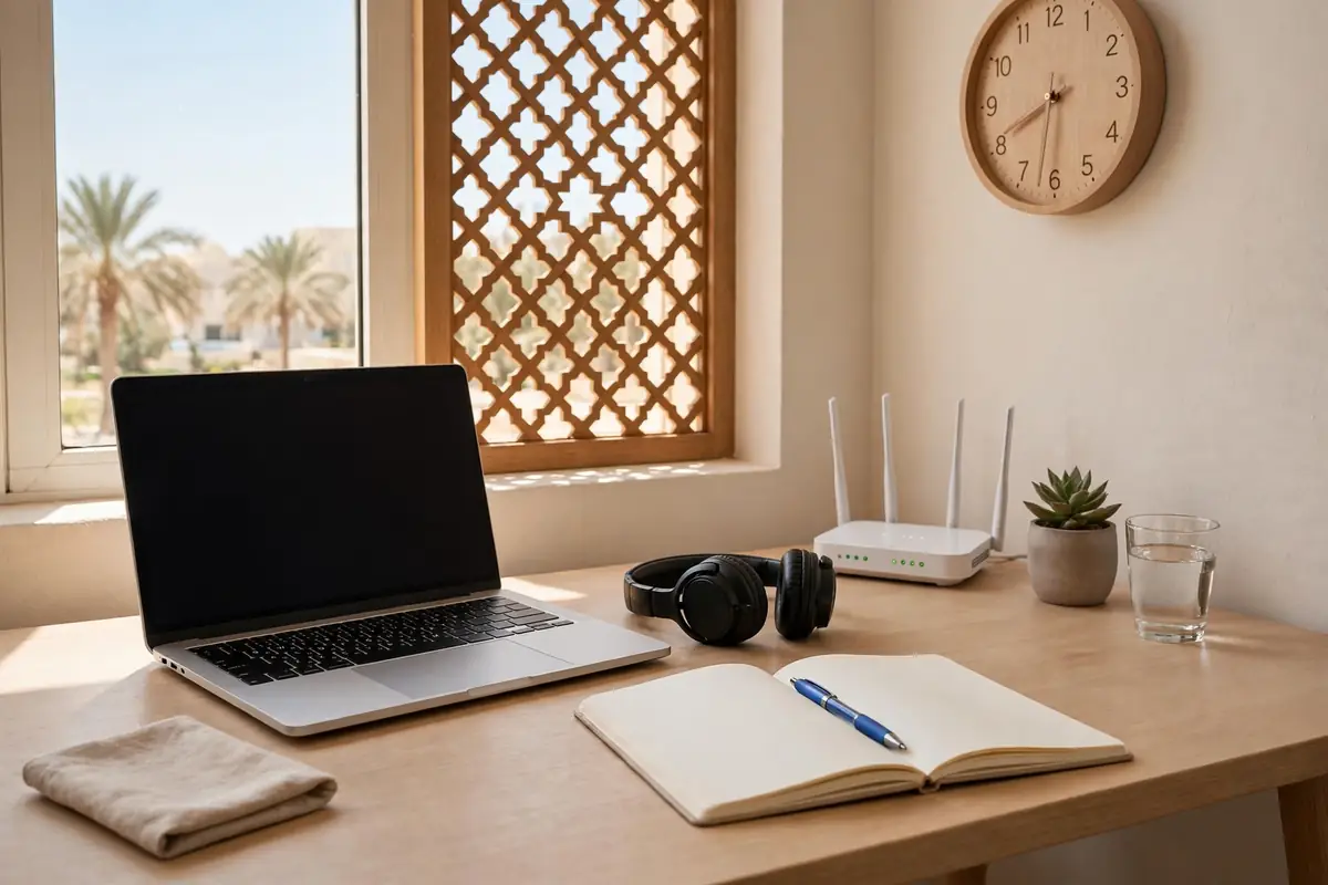 مكتب منزلي مجهز للدراسة عن بعد مع حاسوب وسماعات